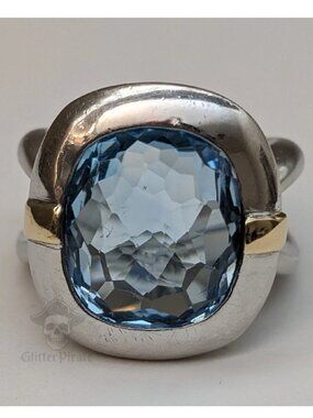 Heavy 11.2g Sterling & Solid 18k Gold Blue Topaz Statement Ring | Size 5
